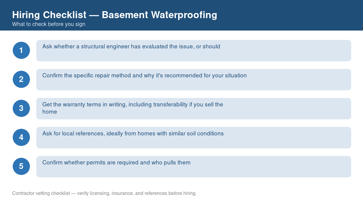 Numbered checklist of questions to ask before hiring a contractor for basement waterproofing