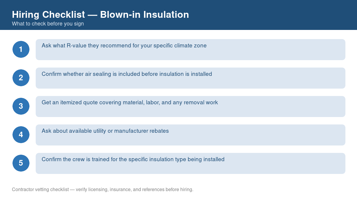 Numbered checklist of questions to ask before hiring a contractor for blown-in insulation