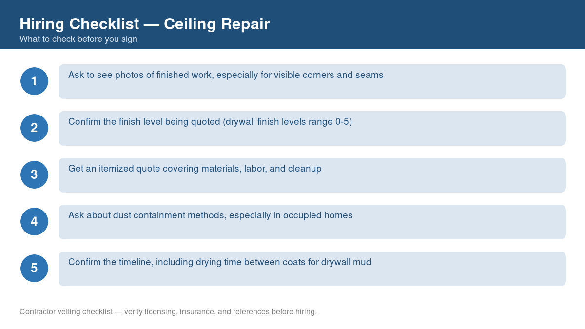 Numbered checklist of questions to ask before hiring a contractor for ceiling repair