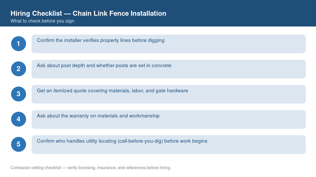 Numbered checklist of questions to ask before hiring a contractor for chain link fence installation