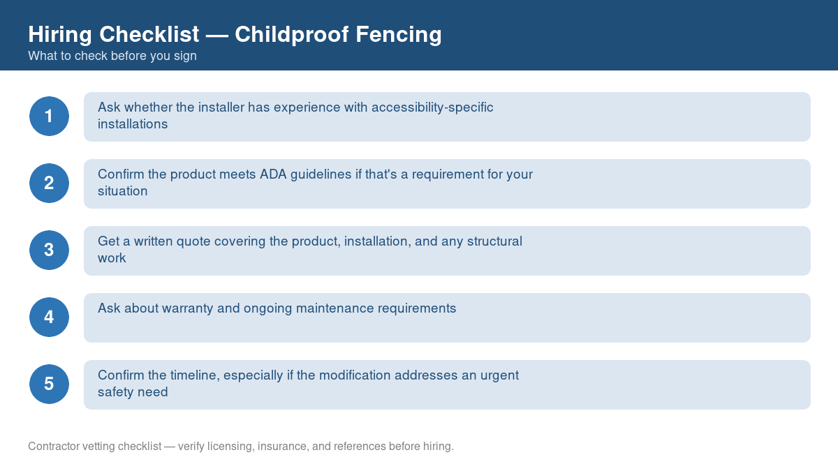 Numbered checklist of questions to ask before hiring a contractor for childproof fencing