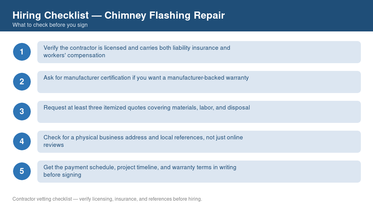 Numbered checklist of questions to ask before hiring a contractor for chimney flashing repair