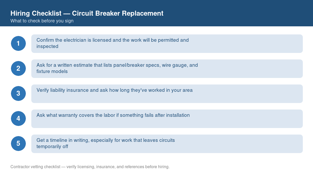 Numbered checklist of questions to ask before hiring a contractor for circuit breaker replacement