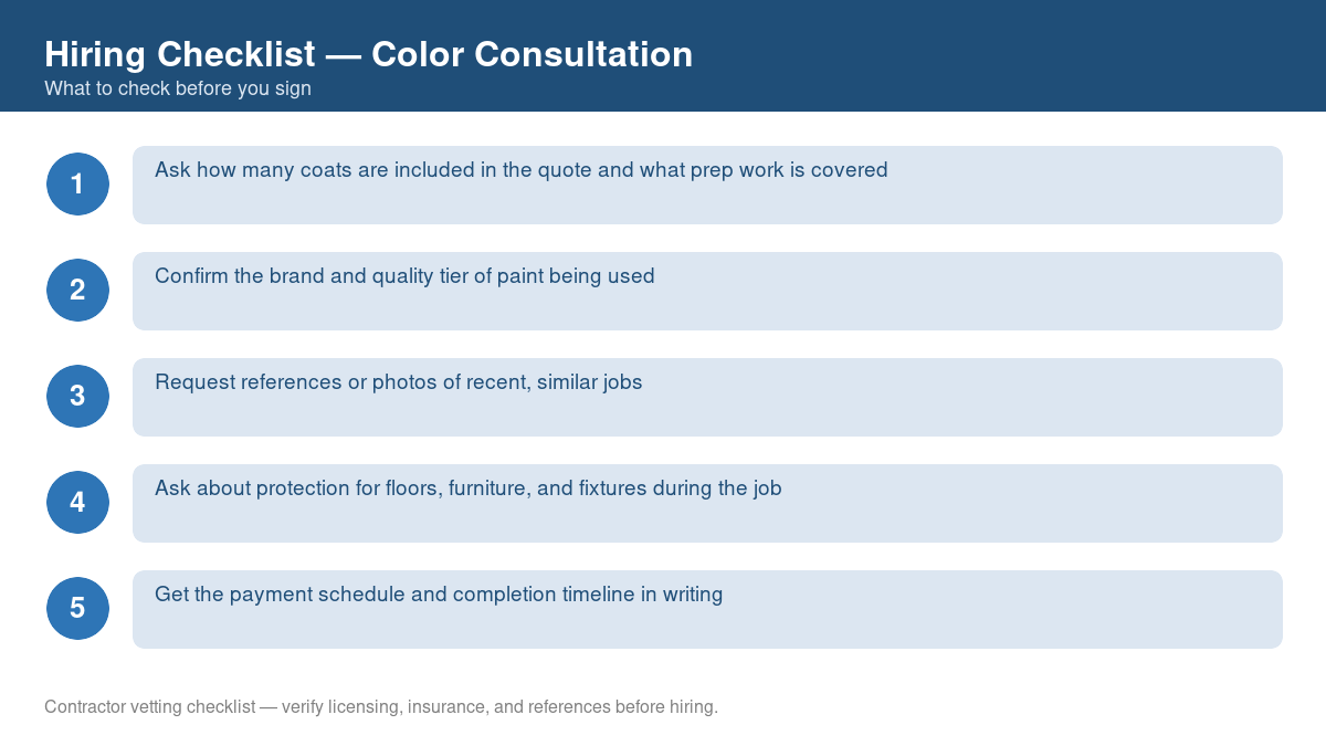 Numbered checklist of questions to ask before hiring a contractor for color consultation