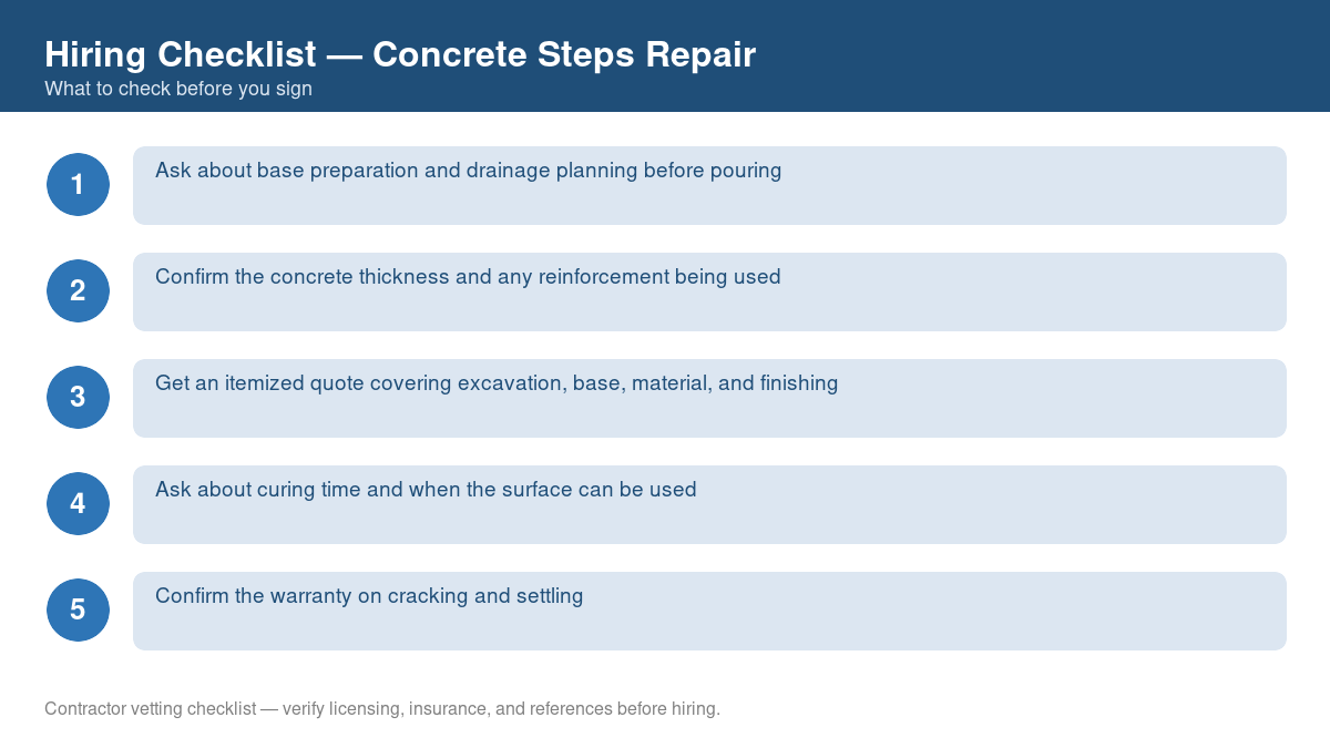 Numbered checklist of questions to ask before hiring a contractor for concrete steps repair