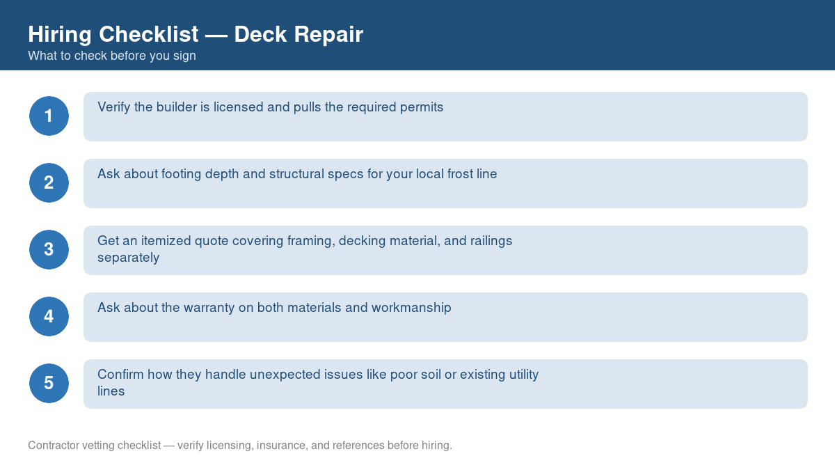 Numbered checklist of questions to ask before hiring a contractor for deck repair