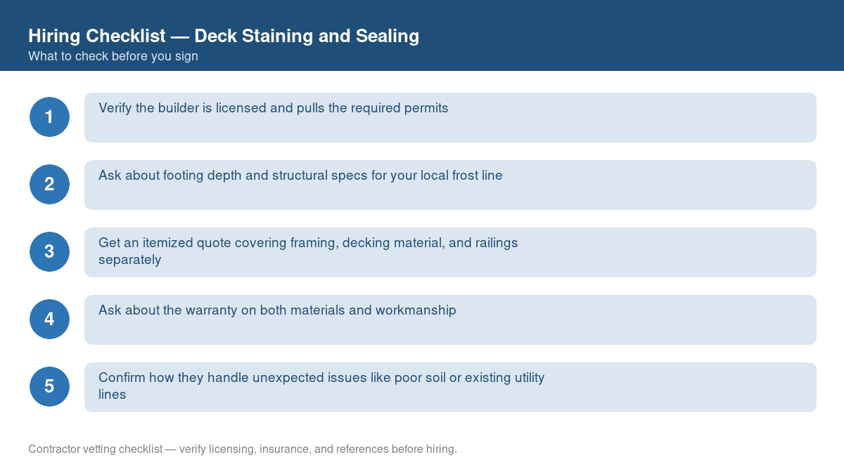 Numbered checklist of questions to ask before hiring a contractor for deck staining and sealing