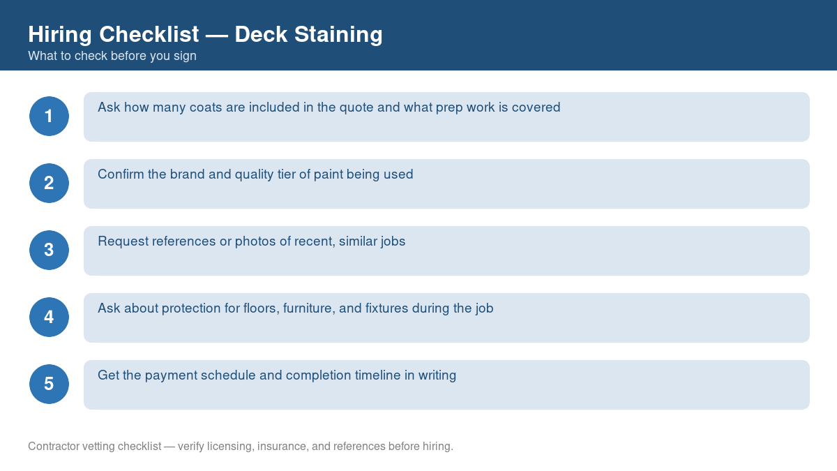 Numbered checklist of questions to ask before hiring a contractor for deck staining