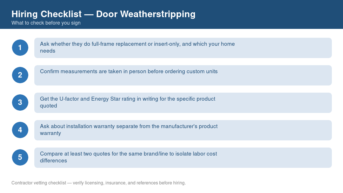 Numbered checklist of questions to ask before hiring a contractor for door weatherstripping