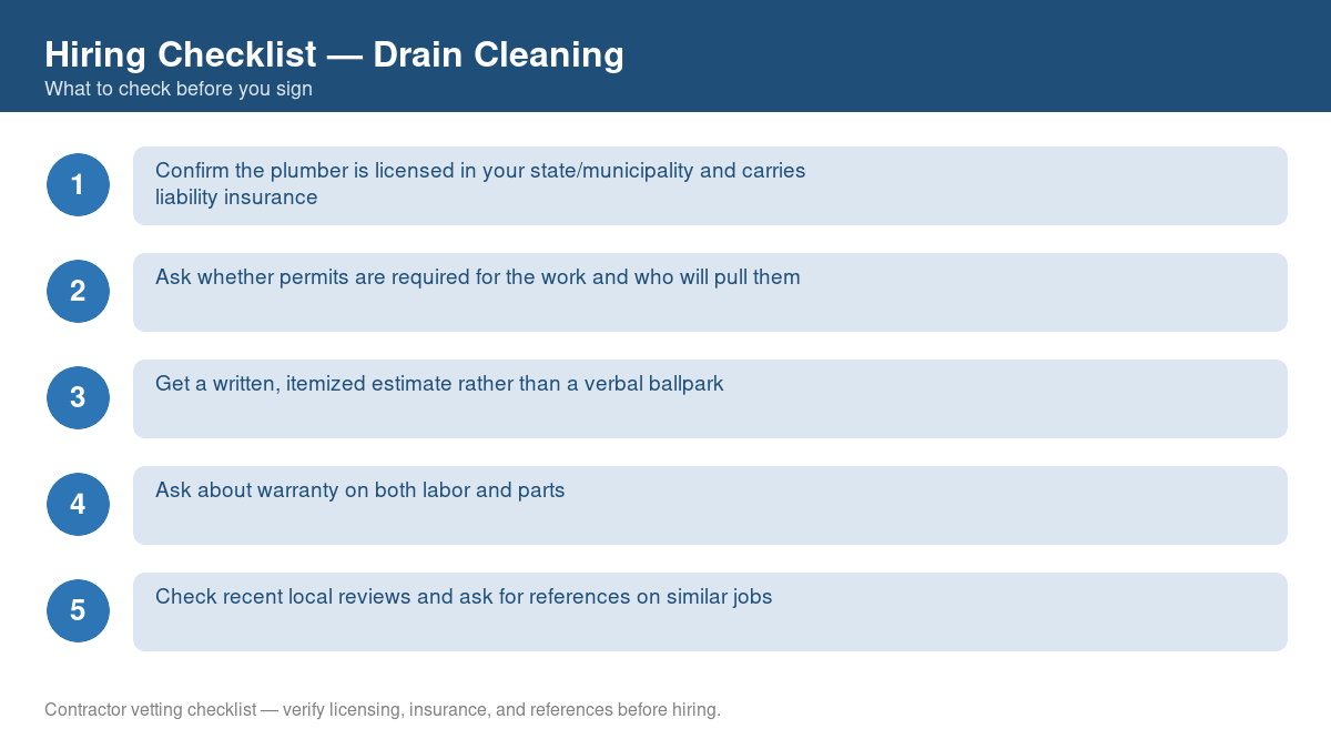 Numbered checklist of questions to ask before hiring a contractor for drain cleaning