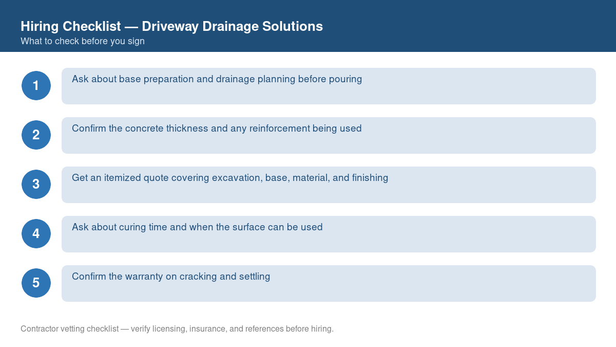 Numbered checklist of questions to ask before hiring a contractor for driveway drainage solutions
