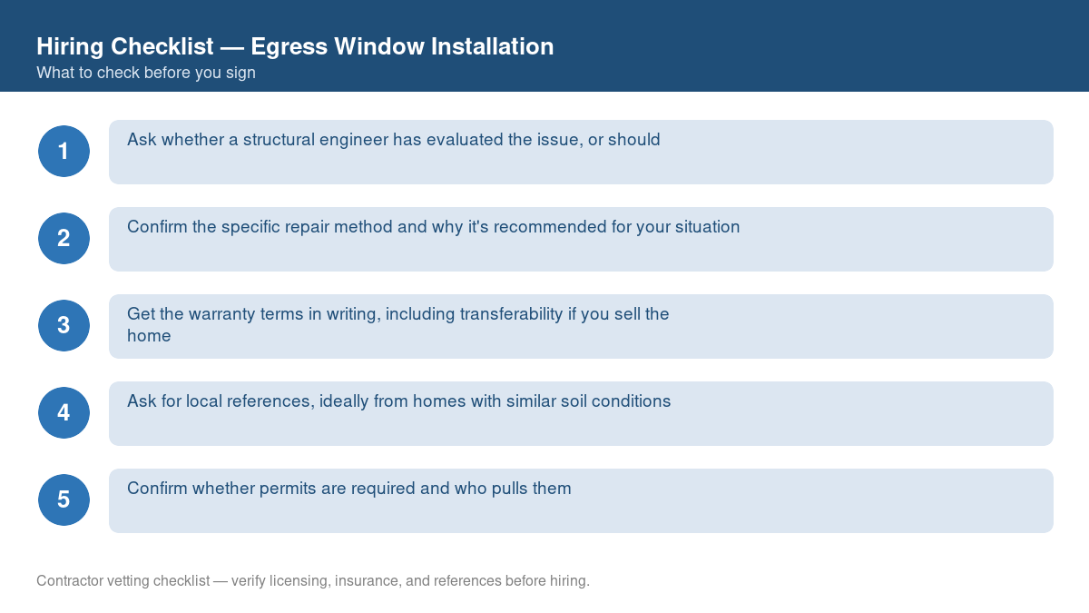 Numbered checklist of questions to ask before hiring a contractor for egress window installation