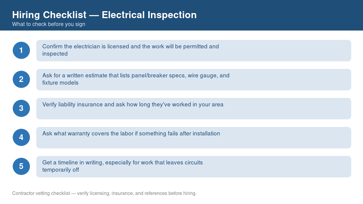 Numbered checklist of questions to ask before hiring a contractor for electrical inspection