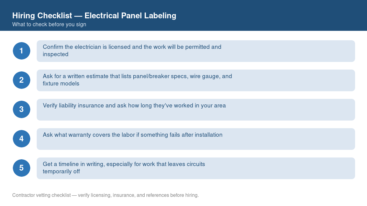 Numbered checklist of questions to ask before hiring a contractor for electrical panel labeling
