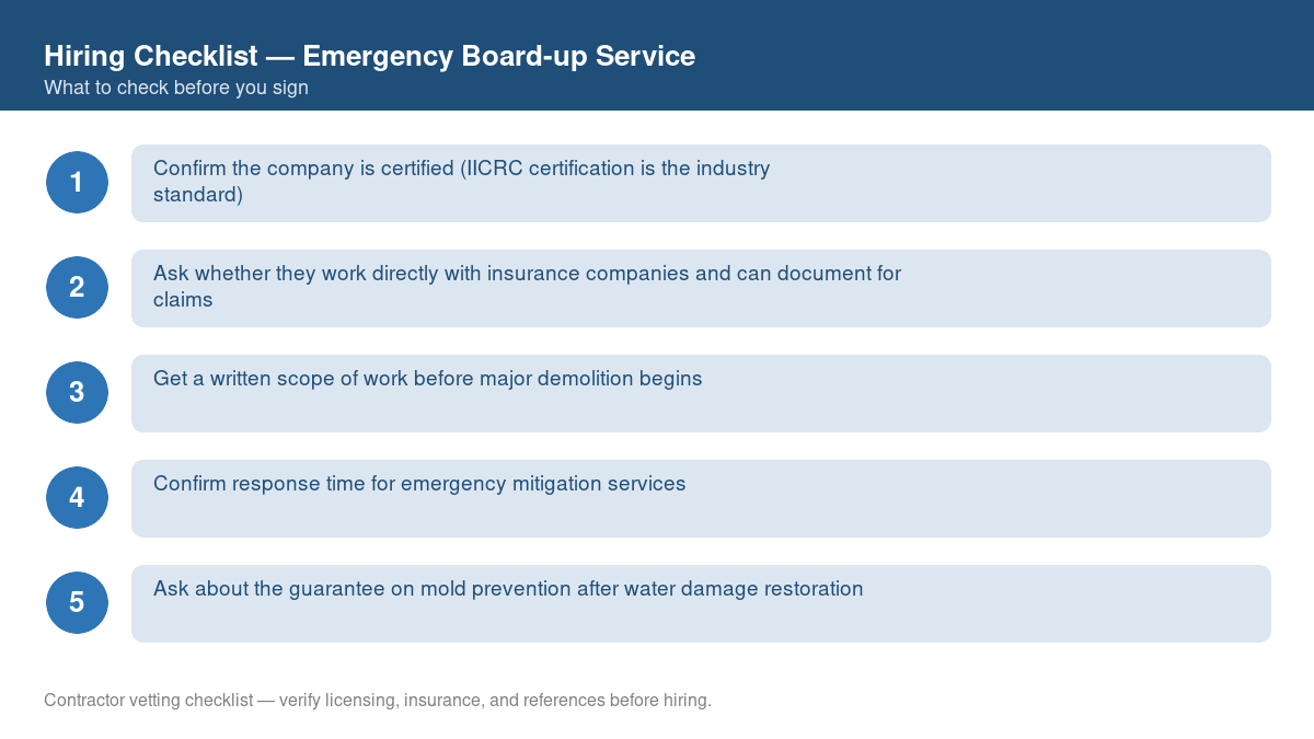 Numbered checklist of questions to ask before hiring a contractor for emergency board-up service