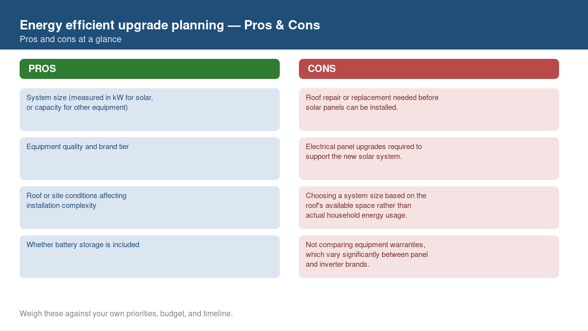 Pros and cons comparison chart for energy efficient upgrade planning
