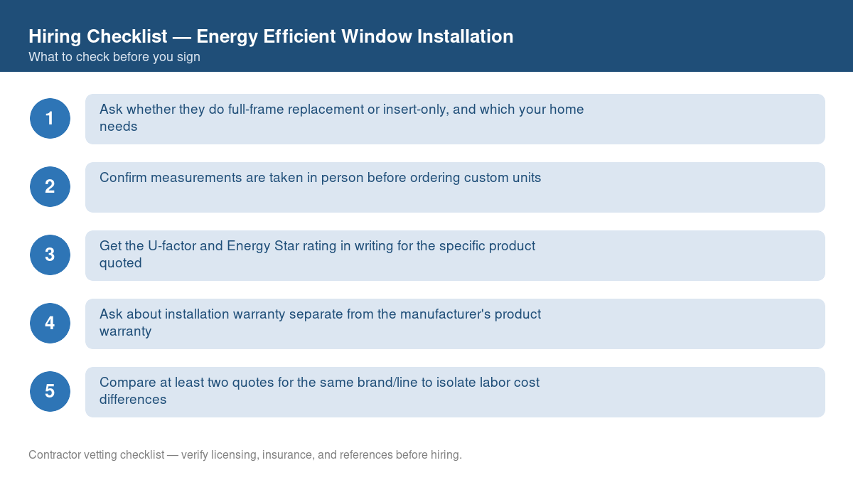 Numbered checklist of questions to ask before hiring a contractor for energy efficient window installation