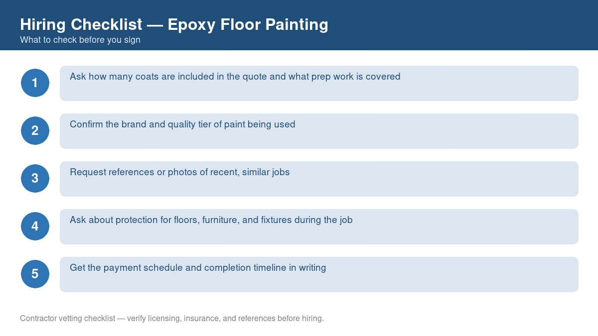 Numbered checklist of questions to ask before hiring a contractor for epoxy floor painting