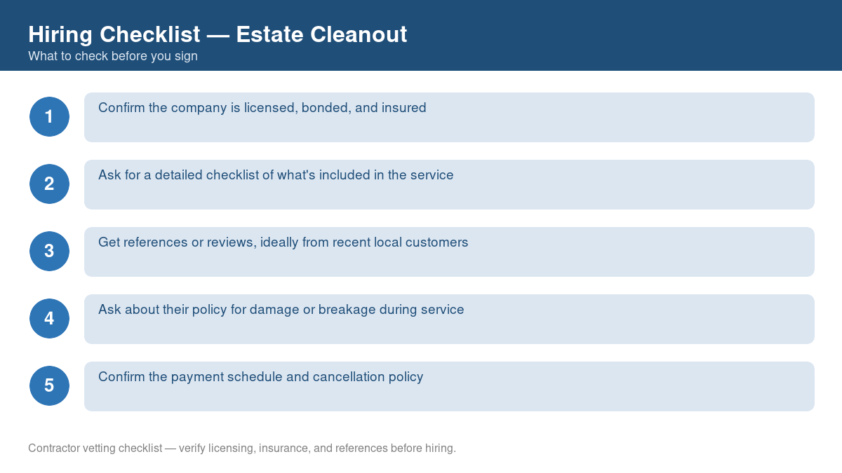 Numbered checklist of questions to ask before hiring a contractor for estate cleanout