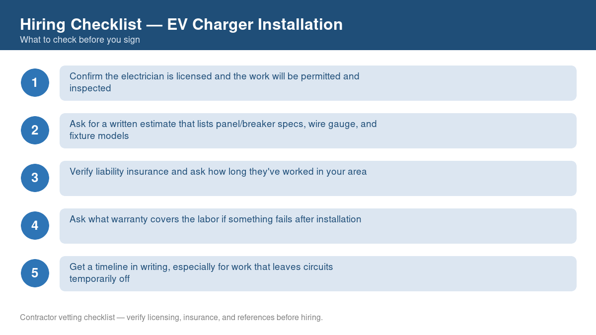 Numbered checklist of questions to ask before hiring a contractor for EV charger installation