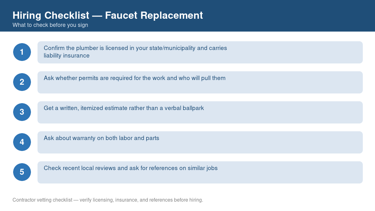 Numbered checklist of questions to ask before hiring a contractor for faucet replacement
