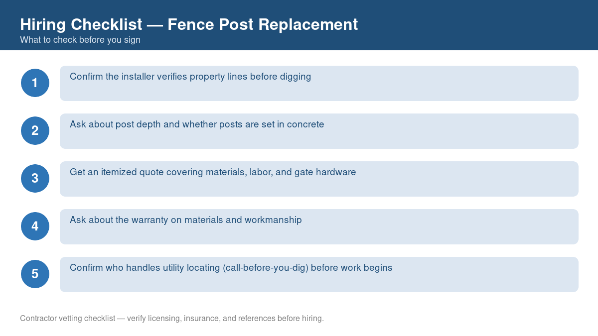 Numbered checklist of questions to ask before hiring a contractor for fence post replacement