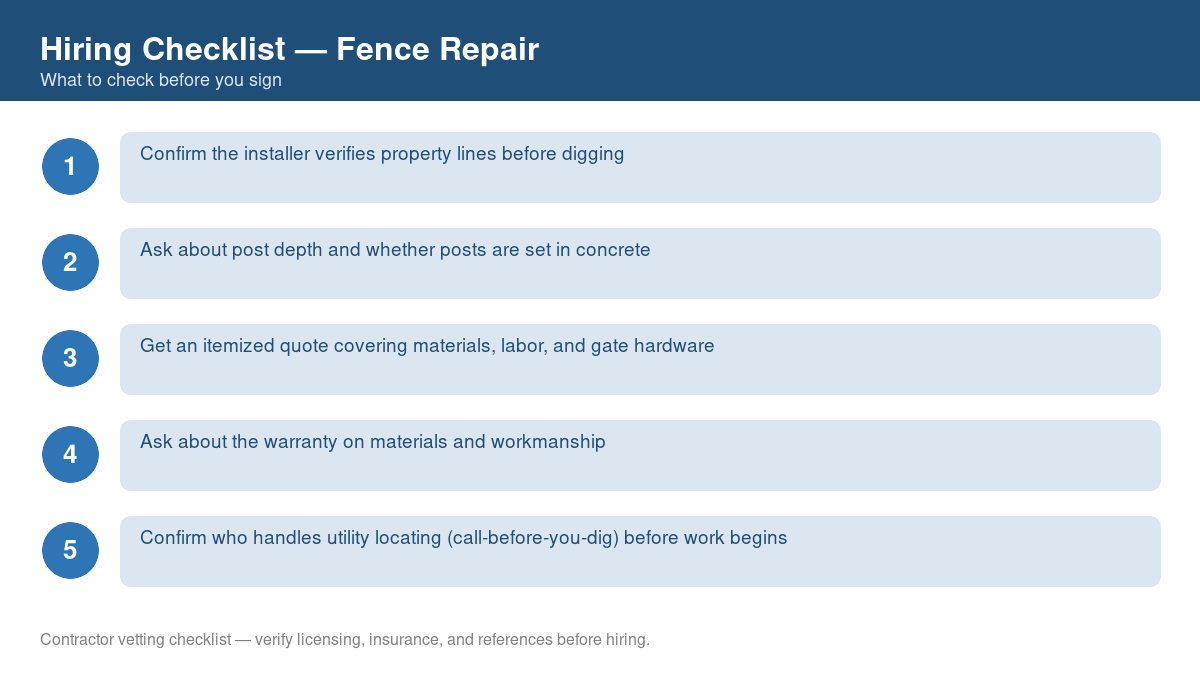 Numbered checklist of questions to ask before hiring a contractor for fence repair