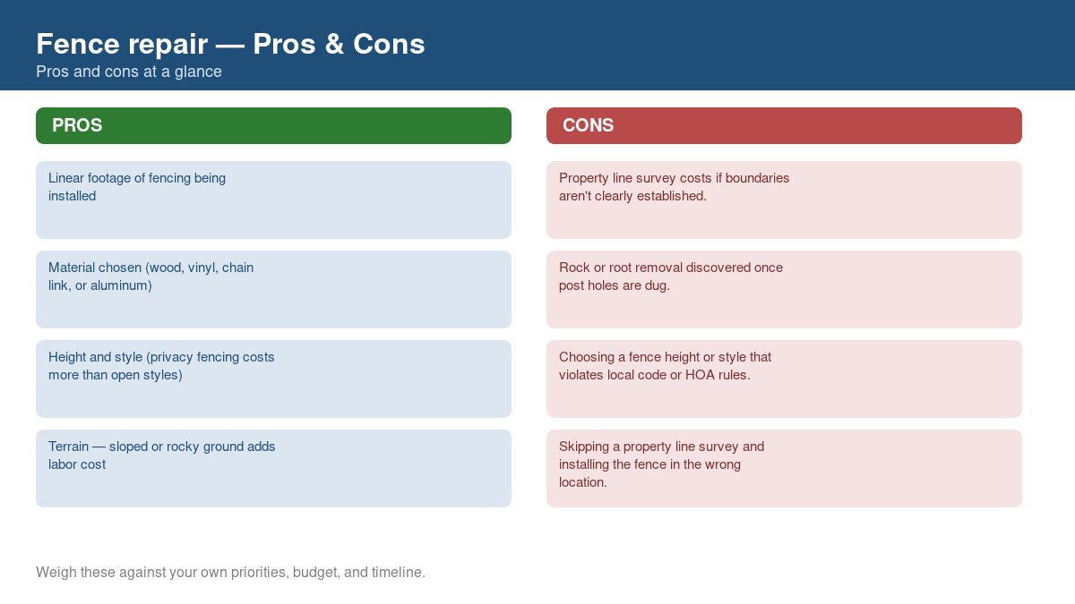 Pros and cons comparison chart for fence repair