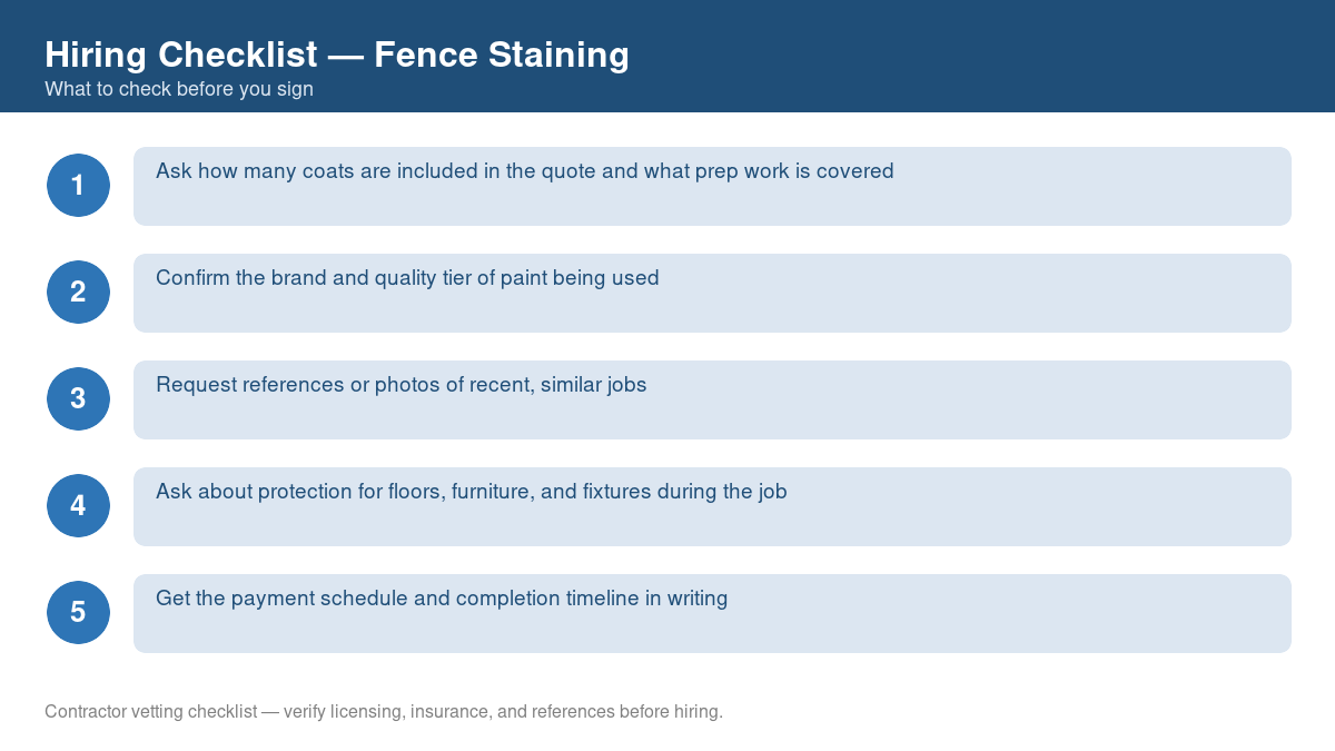 Numbered checklist of questions to ask before hiring a contractor for fence staining