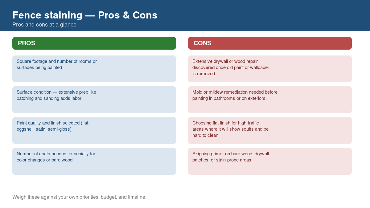 Pros and cons comparison chart for fence staining