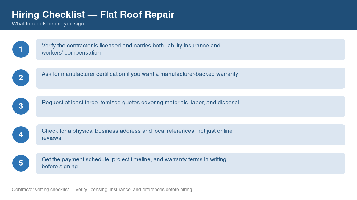 Numbered checklist of questions to ask before hiring a contractor for flat roof repair