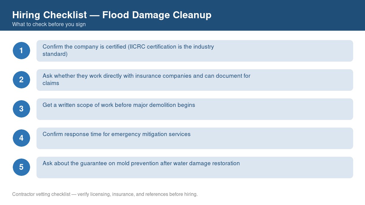 Numbered checklist of questions to ask before hiring a contractor for flood damage cleanup