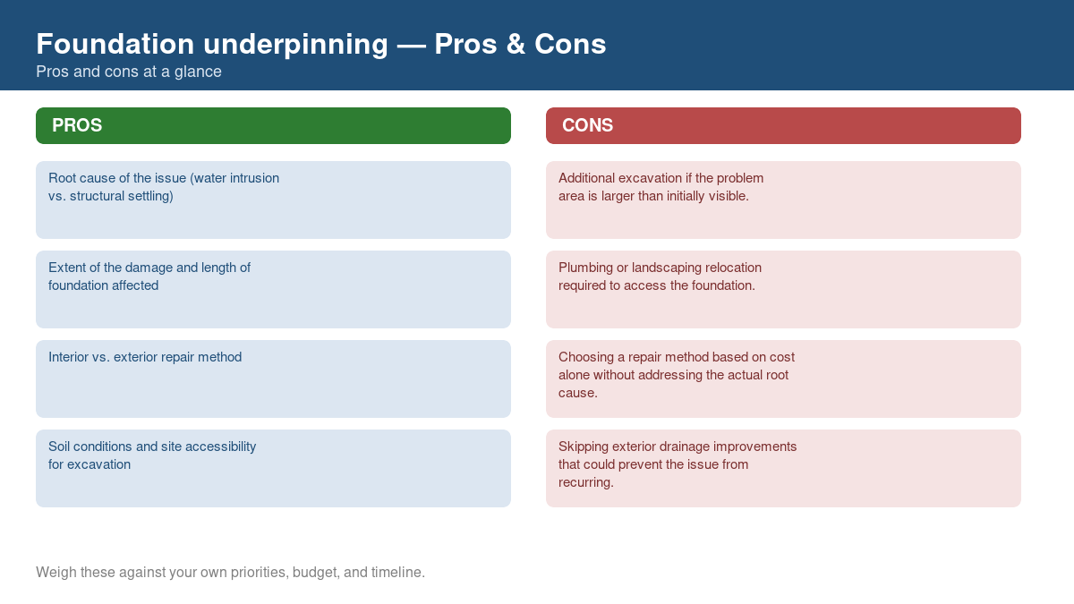 Pros and cons comparison chart for foundation underpinning