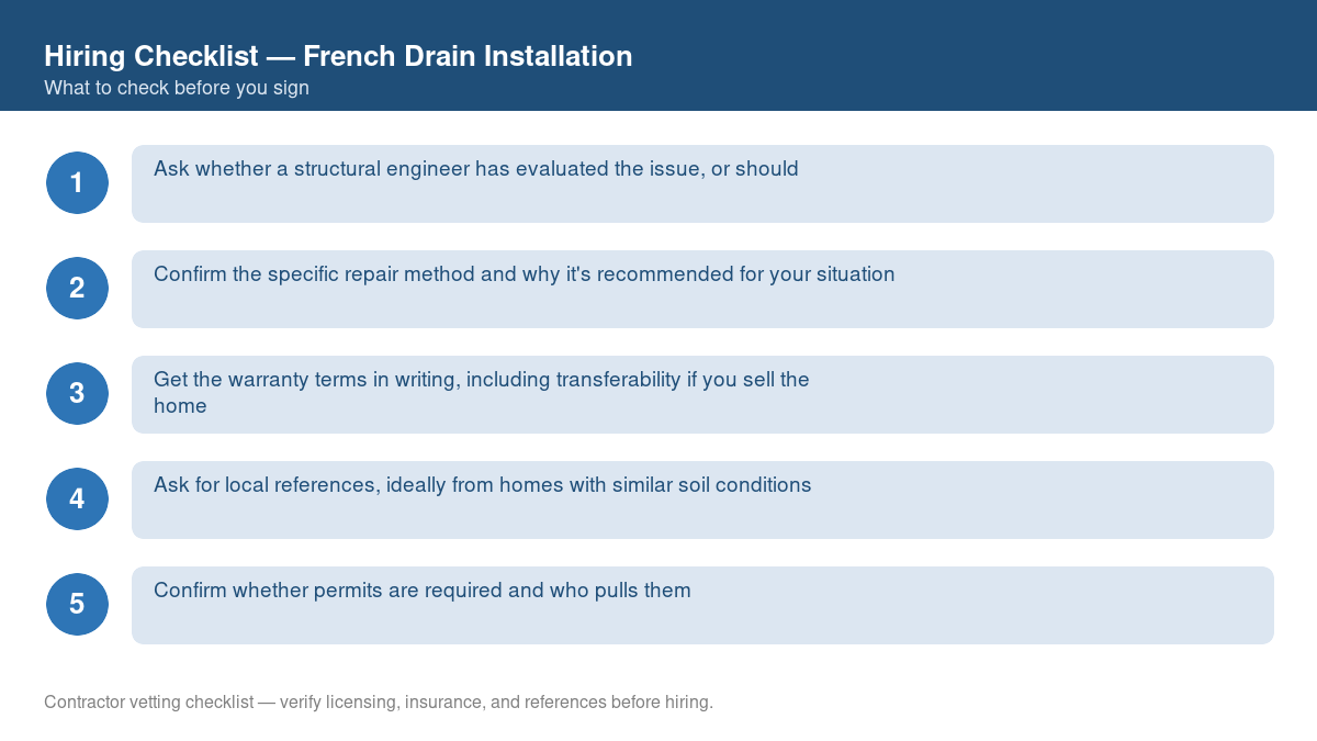 Numbered checklist of questions to ask before hiring a contractor for french drain installation