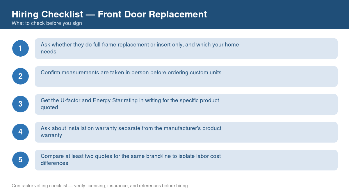 Numbered checklist of questions to ask before hiring a contractor for front door replacement