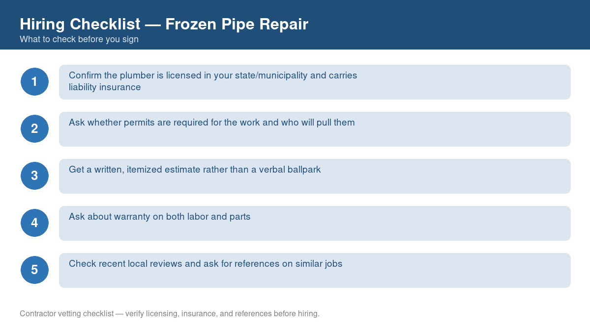 Numbered checklist of questions to ask before hiring a contractor for frozen pipe repair