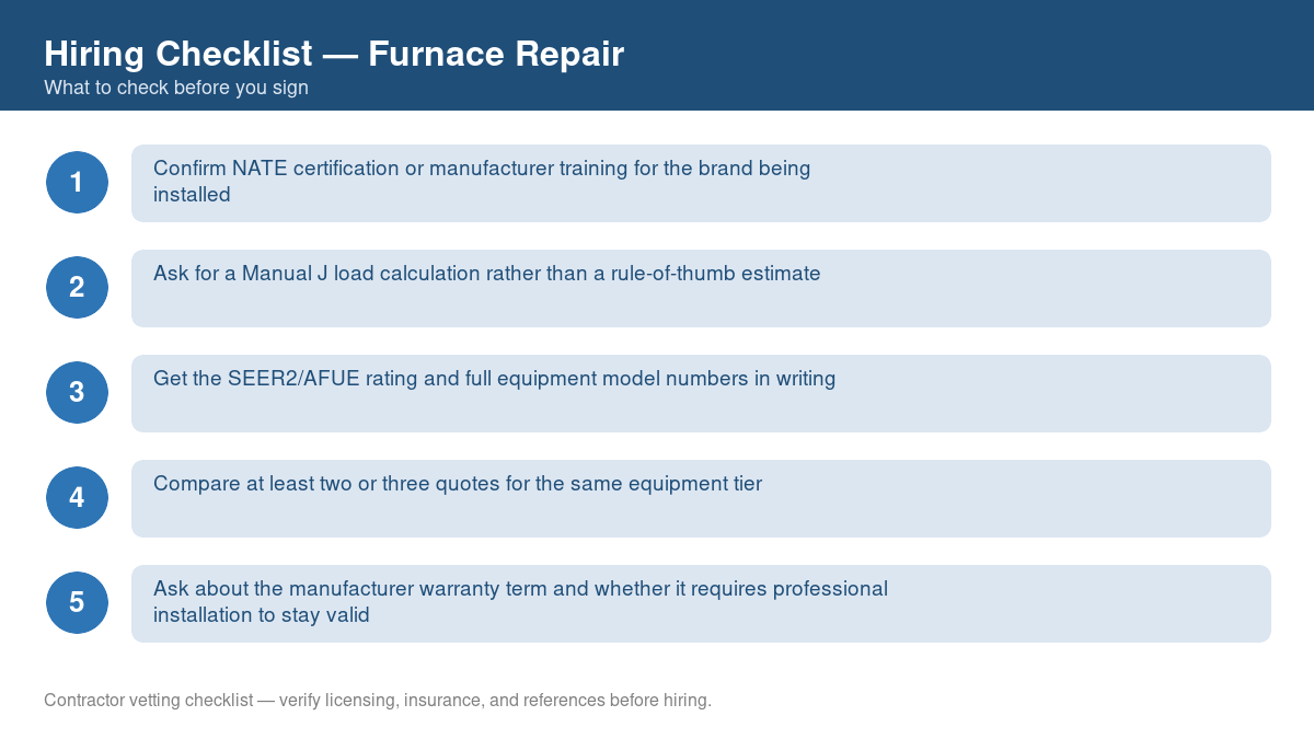 Numbered checklist of questions to ask before hiring a contractor for furnace repair