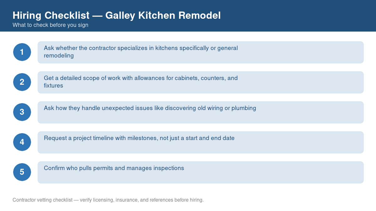 Numbered checklist of questions to ask before hiring a contractor for galley kitchen remodel