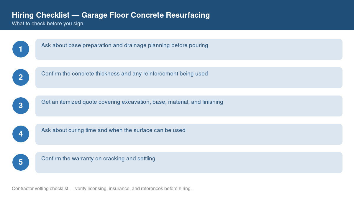 Numbered checklist of questions to ask before hiring a contractor for garage floor concrete resurfacing