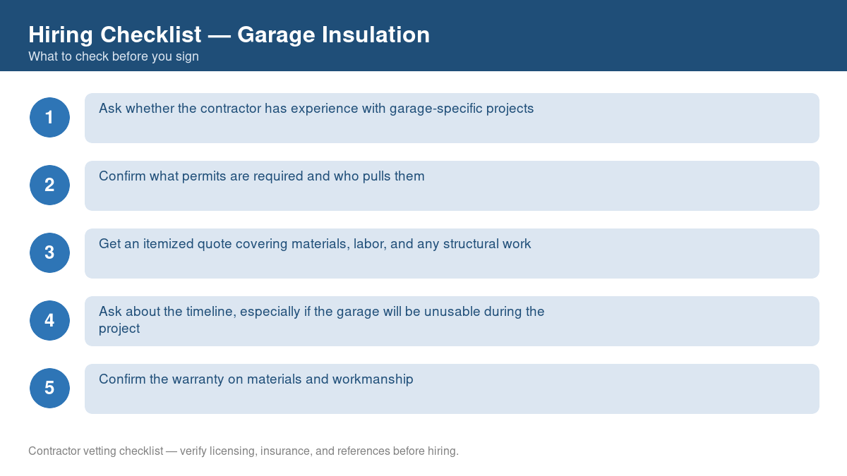 Numbered checklist of questions to ask before hiring a contractor for garage insulation