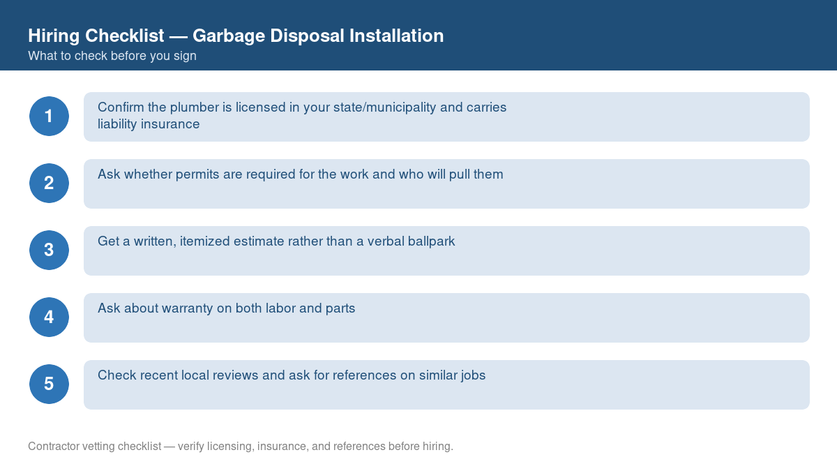 Numbered checklist of questions to ask before hiring a contractor for garbage disposal installation