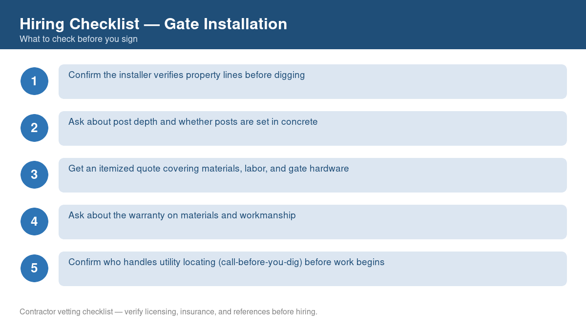 Numbered checklist of questions to ask before hiring a contractor for gate installation