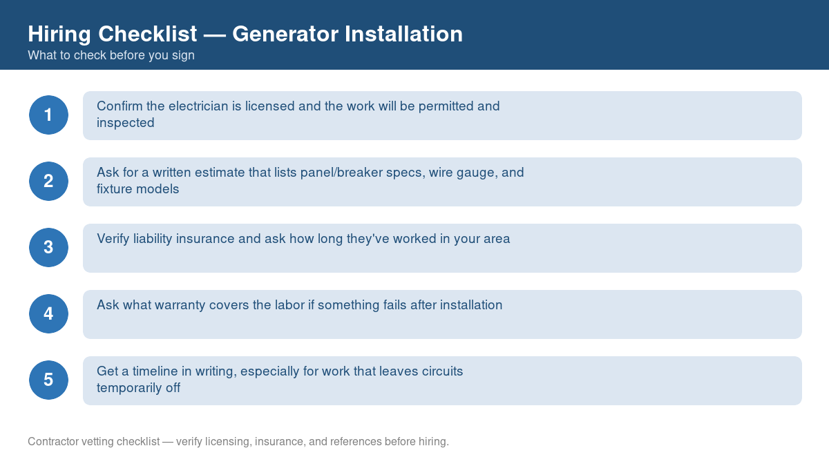 Numbered checklist of questions to ask before hiring a contractor for generator installation