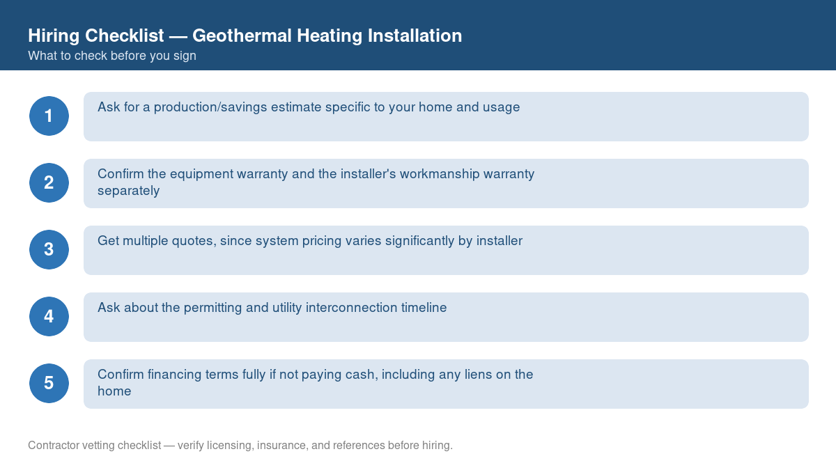 Numbered checklist of questions to ask before hiring a contractor for geothermal heating installation