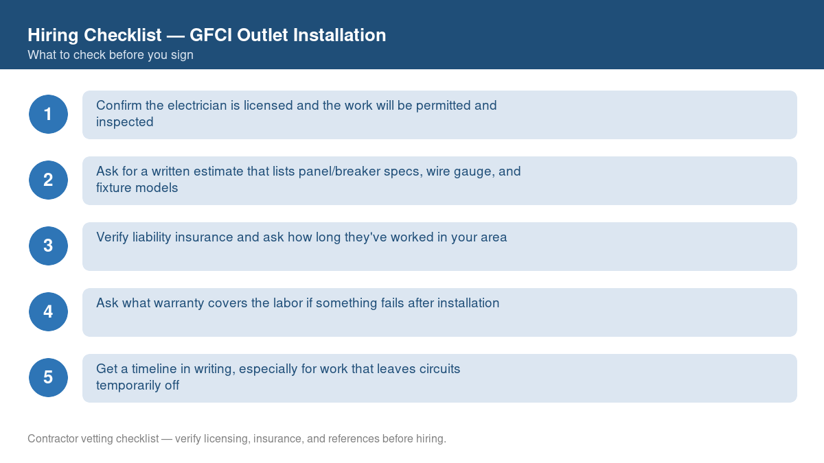 Numbered checklist of questions to ask before hiring a contractor for GFCI outlet installation