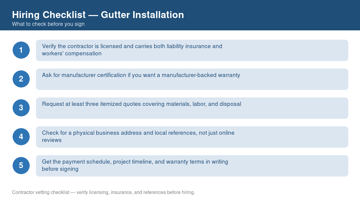 Numbered checklist of questions to ask before hiring a contractor for gutter installation