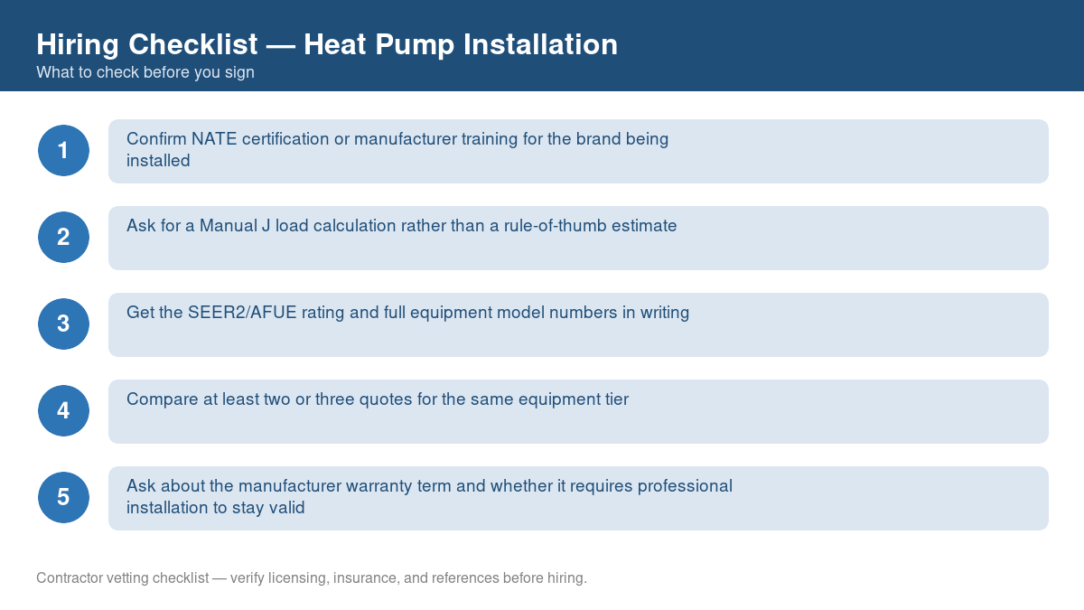 Numbered checklist of questions to ask before hiring a contractor for heat pump installation