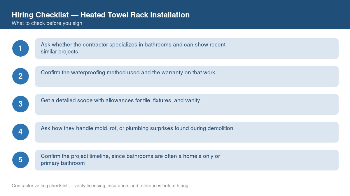 Numbered checklist of questions to ask before hiring a contractor for heated towel rack installation