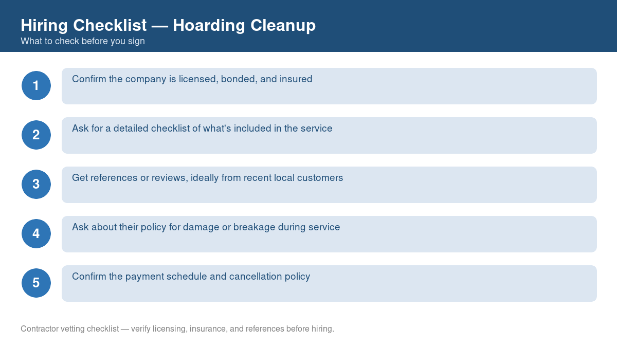 Numbered checklist of questions to ask before hiring a contractor for hoarding cleanup