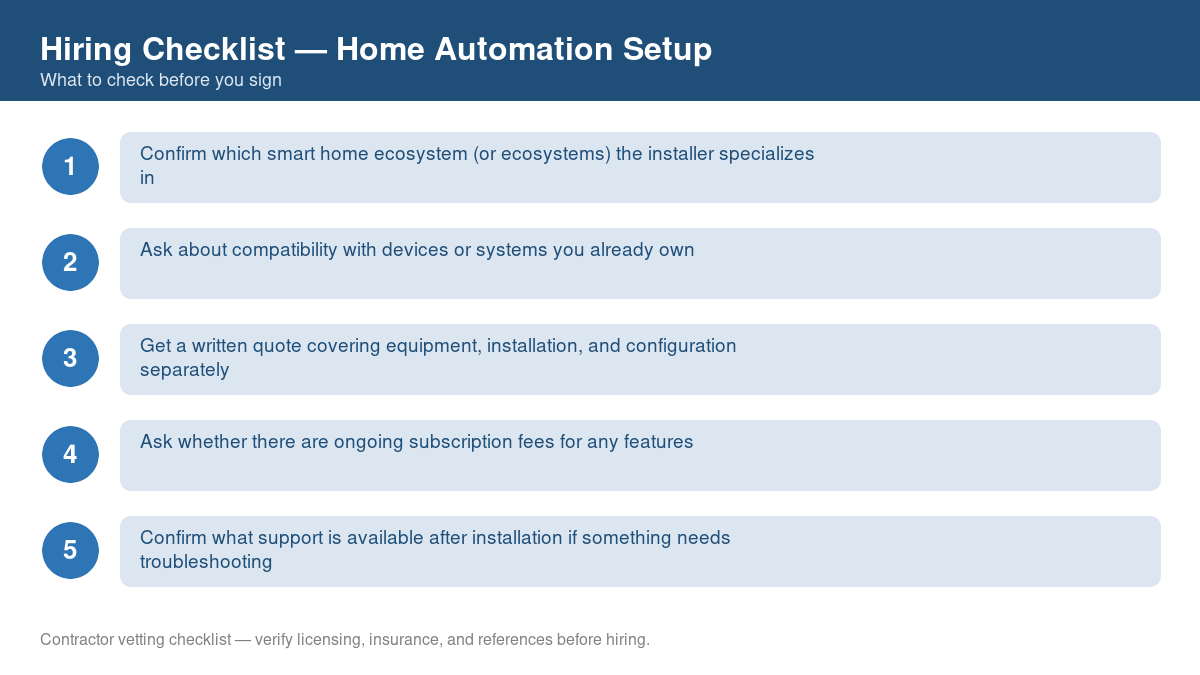 Numbered checklist of questions to ask before hiring a contractor for home automation setup